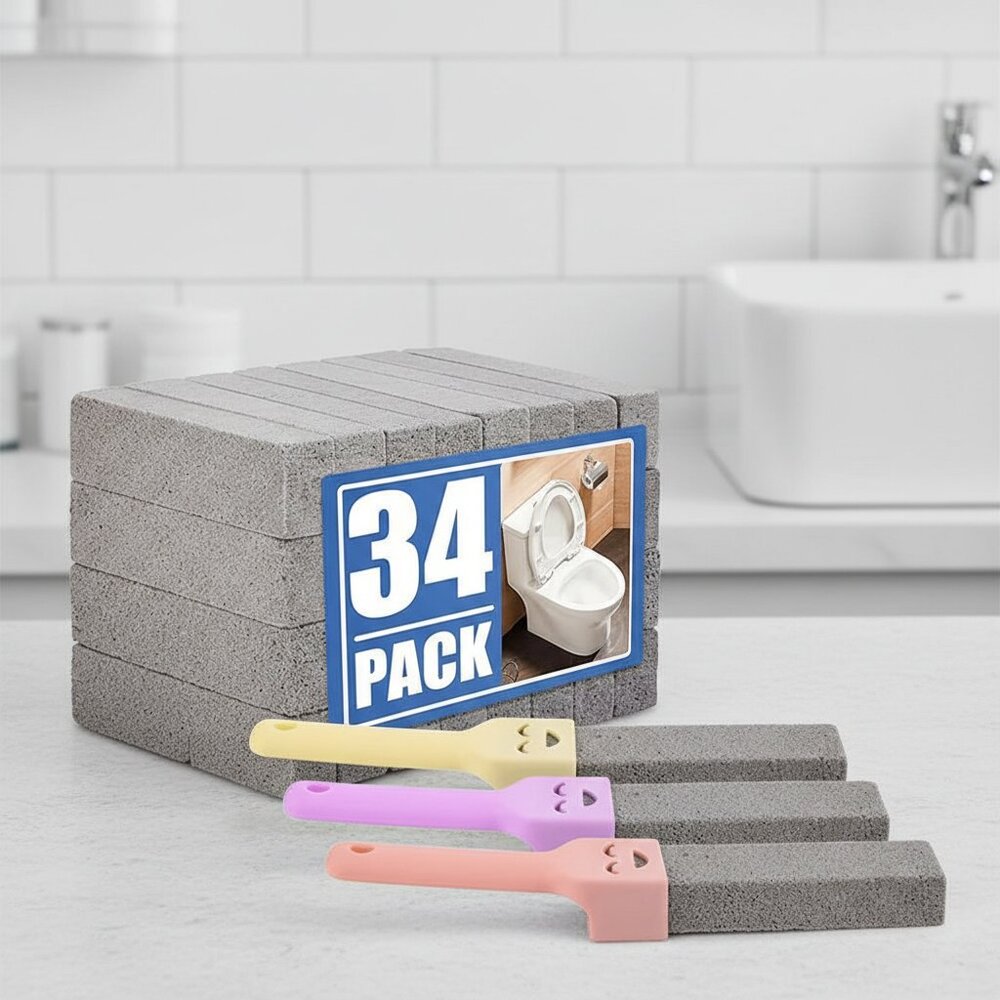 34 Pack Pumice Stone Scouring Sticks with 3 Universal Handles, Grey